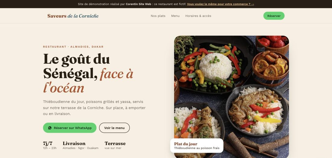 Page d'accueil du site de démonstration Saveurs de la Corniche